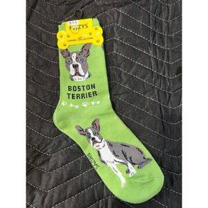 Foozys Boston Terrier Socks Womens 9-11 Green NWT Canine Collection Crew Dog